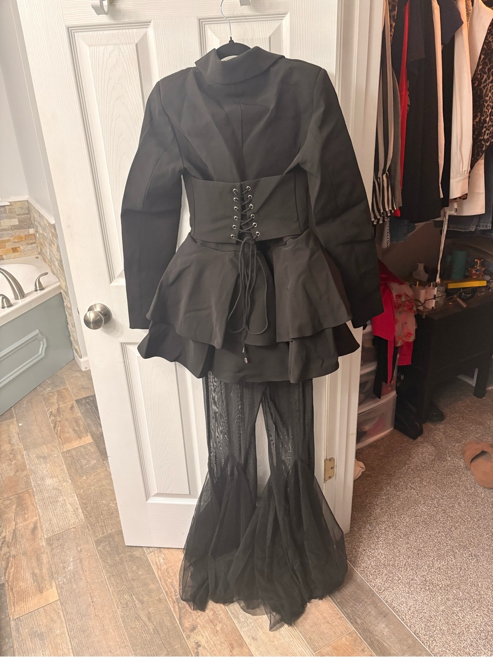 AKIRA Black Peplum Mesh Jumpsuit with Ruffle Skirt Detail - Picture 2 of 3